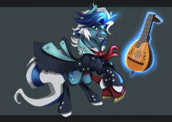 Size: 1024x724 | Tagged: safe, artist:anightlypony, oc, oc only, oc:nocturne medley, bard, clothes, lute, magic, musical instrument, solo