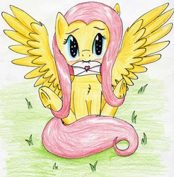 Size: 2346x2388 | Tagged: safe, artist:40kponyguy, derpibooru exclusive, fluttershy, g4, 40kponyguy is trying to murder us, blushing, bunny sitting, cute, female, high res, looking at you, love letter, mouth hold, shyabetes, solo, spread wings, traditional art, underhoof