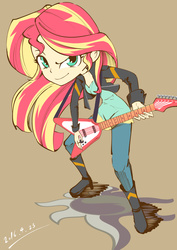 Size: 992x1403 | Tagged: safe, artist:mr.sugar, sunset shimmer, human, equestria girls, g4, my little pony equestria girls: rainbow rocks, female, flying v, guitar, looking at you, musical instrument, pixiv, solo, sunset shredder