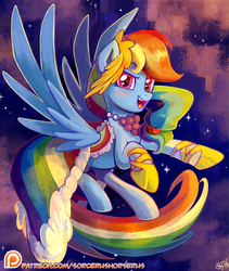 Size: 771x913 | Tagged: safe, artist:sorcerushorserus, rainbow dash, pegasus, pony, g4, the best night ever, blushing, clothes, commission, dress, female, gala dress, horseshoes, looking at you, mare, night, open mouth, patreon, patreon logo, solo, stars