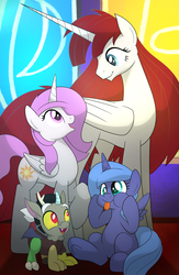 Size: 1500x2300 | Tagged: safe, artist:drawponies, discord, princess celestia, princess luna, oc, oc:fausticorn, alicorn, pony, g4, :p, alicorn oc, blank flank, cewestia, cute, cutelestia, derp, discute, faustabetes, female, filly, filly celestia, filly luna, foal, looking at each other, lunabetes, male, mare, open mouth, pink-mane celestia, raised hoof, royal sisters, sitting, smiling, sweet dreams fuel, tongue out, woona, young, young celestia, young discord, young luna, younger