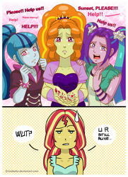 Size: 856x1183 | Tagged: safe, artist:erisabetta, adagio dazzle, aria blaze, sonata dusk, sunset shimmer, equestria girls, g4, adoragio, ariabetes, comic, cute, sirens doing siren things, sonatabetes, the dazzlings