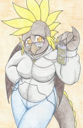 Size: 723x1106 | Tagged: safe, artist:flicker-show, artist:sunnyponycitrusbutt, oc, oc only, dragon, anthro, breasts, chubby, clothes, female, glasses, hips, id card, solo, sweater, traditional art