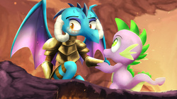 Size: 2000x1125 | Tagged: safe, artist:blackligerth, princess ember, spike, dragon, g4, gauntlet of fire, my little pony: friendship is magic, blushing, dragon armor, female, male, tail