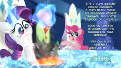 Size: 1200x675 | Tagged: safe, artist:1trick, pinkie pie, rarity, spike, g4, coffee, error, glitch, this will end in pain