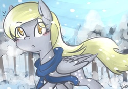 Size: 1069x748 | Tagged: safe, artist:lilliesinthegarden, derpy hooves, pegasus, pony, g4, clothes, colored pupils, earbuds, female, mare, scarf, snow, snowfall, solo, tree