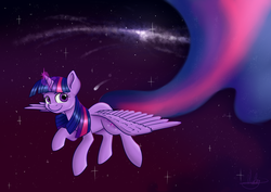 Size: 1280x905 | Tagged: safe, artist:violyre, twilight sparkle, alicorn, pony, g4, female, flying, mare, night, solo, twilight sparkle (alicorn)