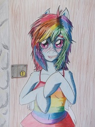 Size: 644x858 | Tagged: safe, artist:livintdark, rainbow dash, semi-anthro, g4, arm hooves, blushing, clothes, dress, female, looking at you, messy mane, solo, traditional art