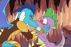 Size: 1280x844 | Tagged: safe, artist:caluriri, princess ember, spike, dragon, g4, gauntlet of fire, blushing, eyes closed, female, kiss on the lips, kissing, male, ship:emberspike, shipping, straight