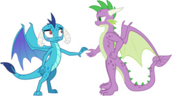 Size: 2837x1579 | Tagged: safe, artist:invader-matt, princess ember, spike, dragon, g4, gauntlet of fire, blushing, cute, eye contact, female, male, older, older spike, ship:emberspike, shipping, simple background, smiling, spread wings, story included, straight, teenage spike, transparent background, vector, wide eyes, winged spike, wings