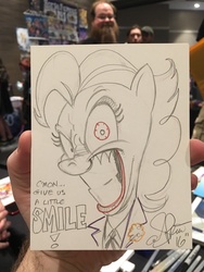 Size: 768x1024 | Tagged: safe, artist:andypriceart, pinkie pie, human, smile hd, g4, andy you magnificent bastard, black and white, crossover, grayscale, irl, irl human, monochrome, partial color, photo, pinkie joker, the joker, traditional art