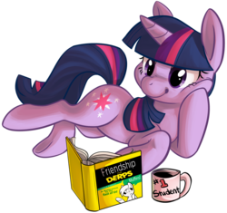 Size: 900x846 | Tagged: safe, artist:php27, derpy hooves, twilight sparkle, pony, unicorn, g4, book, cup, for dummies, lying, lying down, mug, on side, reading, simple background, smiling, squishy cheeks, transparent background