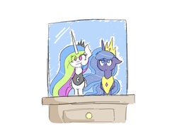 Size: 1574x1209 | Tagged: safe, artist:luckythedog, princess celestia, princess luna, alicorn, pony, g4, :t, accessory swap, duo, female, hilarious in hindsight, mirror, royal sisters, siblings, sisters