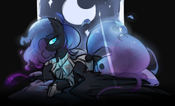 Size: 1024x623 | Tagged: safe, artist:soulwarri0r, nightmare moon, g4, bed, female, moon, prone, solo, spread wings