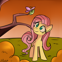 Size: 500x500 | Tagged: dead source, safe, artist:wubcakeva, fluttershy, butterfly, g4, female, folded wings, looking at something, solo, tree