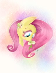 Size: 2000x2600 | Tagged: safe, artist:tractaresolidum, fluttershy, pony, g4, bust, female, flower, flower in hair, high res, looking at something, looking down, mare, portrait, smiling, solo