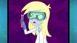 Size: 1920x1080 | Tagged: safe, screencap, derpy hooves, acadeca, equestria girls, g4, my little pony equestria girls: friendship games, clothes, female, goggles, i just don't know what went wrong, lab coat, potion, solo