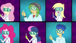 Size: 1920x1080 | Tagged: safe, screencap, bon bon, derpy hooves, flash sentry, fluttershy, pinkie pie, sandalwood, sweetie drops, acadeca, equestria girls, g4, my little pony equestria girls: friendship games, clothes, goggles, lab coat, potion, this will end in science