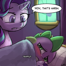 Size: 750x750 | Tagged: safe, artist:lumineko, rarity, spike, starlight glimmer, dragon, pony, unicorn, g4, bed, crying, dialogue, duo, female, male, mare, palindrome get, patreon, pillow, plushie, rarity plushie, sad