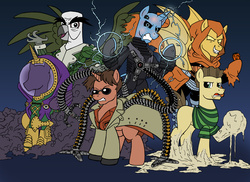 Size: 3509x2551 | Tagged: safe, artist:edcom02, artist:jmkplover, bat pony, griffon, pony, vulture, doctor octopus, electro, group, high res, male, marvel, marvel comics, mysterio, ponified, sandman, simple background, sinister six, spider-man, the hobgoblin, the vulture