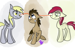 Size: 3000x2000 | Tagged: safe, artist:lynchristina, derpy hooves, doctor whooves, roseluck, time turner, pegasus, pony, g4, doctor whooves gets all the mares, female, floppy ears, high res, male, mare, nervous, rivalry, ship:doctorderpy, ship:doctorrose, shipping, shipping war, straight