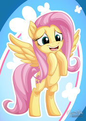 Size: 955x1351 | Tagged: safe, artist:mysticalpha, fluttershy, pony, g4, bipedal, female, open mouth, solo, spread wings