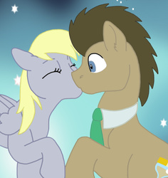 Size: 782x830 | Tagged: safe, artist:faitheverlasting, derpy hooves, doctor whooves, time turner, earth pony, pegasus, pony, g4, eyes closed, female, kiss on the lips, kissing, male, mare, necktie, raised hoof, ship:doctorderpy, shipping, stallion, straight