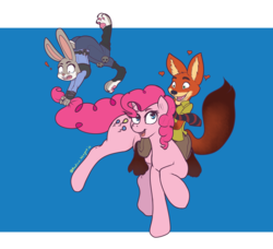 Size: 3581x3271 | Tagged: safe, artist:radicalweegee, pinkie pie, earth pony, fox, pony, rabbit, g4, crossover, exclamation point, high res, judy hopps, nick wilde, open mouth, raised hoof, simple background, tail, tail pull, wide eyes, zootopia