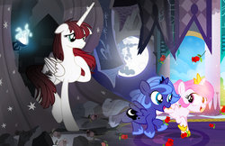 Size: 1000x647 | Tagged: safe, artist:pixelkitties, princess celestia, princess luna, oc, oc:fausticorn, alicorn, pony, g4, alicorn oc, cewestia, cute, female, filly, filly celestia, filly luna, floppy ears, mare in the moon, moon, pink-mane celestia, royal sisters, smiling, twins, woona, younger