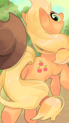 Size: 640x1136 | Tagged: safe, artist:oyu, applejack, earth pony, pony, g4, apple tree, applejack's hat, cowboy hat, female, freckles, hat, looking at you, looking back, looking back at you, mare, open mouth, running, solo, tree