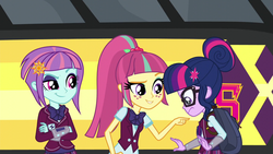 Size: 1280x720 | Tagged: safe, screencap, sci-twi, sour sweet, sunny flare, twilight sparkle, equestria girls, g4, my little pony equestria girls: friendship games, backpack, crossed arms, pointing, trio