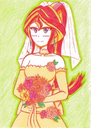 Size: 2476x3476 | Tagged: safe, artist:deeemperor, sunset shimmer, equestria girls, g4, blushing, bouquet, clothes, dress, female, high res, solo, traditional art, wedding dress