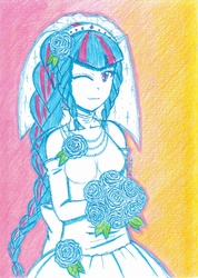 Size: 2468x3476 | Tagged: safe, artist:deeemperor, sonata dusk, equestria girls, g4, bouquet, braid, clothes, dress, female, high res, solo, traditional art, wedding dress, wink