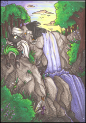 Size: 855x1221 | Tagged: safe, artist:tay-niko-yanuciq, oc, oc only, eagle, solo, traditional art, tree, waterfall