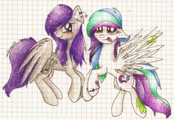 Size: 1024x707 | Tagged: safe, artist:mufflinka, oc, oc only, oc:misia, oc:pusia, pegasus, pony, graph paper, lined paper, traditional art