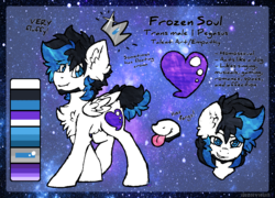 Size: 1121x809 | Tagged: safe, artist:php166, oc, oc only, oc:frozen soul, pegasus, pony, bedroom eyes, crown, cutie mark, facial hair, male, piercing, reference sheet, solo, stallion, text, transgender, wings