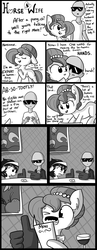 Size: 744x1926 | Tagged: safe, artist:tjpones, oc, oc only, oc:anon, oc:brownie bun, human, horse wife, comic, cute, dialogue, fake moustache, foam finger, hand, monochrome, moustache, nailed it, speech bubble, thumbs up, wink