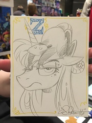 Size: 768x1024 | Tagged: safe, artist:andypriceart, princess luna, tiberius, g4, luna is not amused, sleeping, traditional art, unamused, z