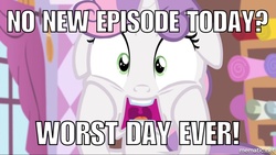 Size: 1000x563 | Tagged: safe, screencap, sweetie belle, for whom the sweetie belle toils, g4, floppy ears, hiatus, hype, image macro, meme, squishy cheeks, worst day ever