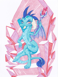 Size: 2480x3300 | Tagged: safe, artist:sovemis, princess ember, dragon, g4, gauntlet of fire, bloodstone scepter, crossed legs, crystal, dragon lord ember, drawing, female, high res, looking at you, nail polish, queen, smirk, solo, throne, traditional art