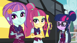 Size: 1280x720 | Tagged: safe, edit, edited screencap, screencap, sci-twi, sour sweet, sunny flare, twilight sparkle, equestria girls, g4, my little pony equestria girls: friendship games, inverted mouth, magic capture device