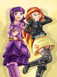 Size: 2150x2907 | Tagged: safe, artist:枫糖, sunset shimmer, twilight sparkle, equestria girls, g4, anime, book, clothes, dress, duo, garter belt, garters, high res, human coloration, jacket, leather jacket, one eye closed, open mouth, paint tool sai, pixiv, skirt, smiling, socks, stockings, thigh highs, twilight sparkle (alicorn), wink, zettai ryouiki