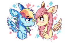 Size: 2500x1500 | Tagged: safe, artist:mintpencil, fluttershy, rainbow dash, g4, blushing, chest fluff, female, lesbian, looking at each other, ship:flutterdash, shipping