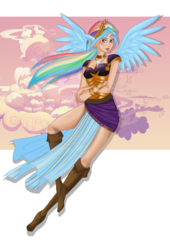 Size: 2000x2941 | Tagged: safe, artist:moryartix, rainbow dash, human, g4, alternate hairstyle, boots, cloudsdale, eared humanization, female, flying, high res, humanized, ponytail, solo, winged humanization