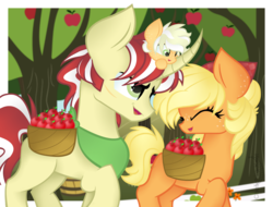 Size: 1787x1356 | Tagged: safe, artist:kaatseye, applejack, flim, oc, oc:apple cider, g4, alternate hairstyle, apple, apple tree, bandana, basket, cute, family, female, filly, food, laughing, male, next generation, offspring, older, orchard, original art, original character do not steal, parent:applejack, parent:flim, parents:flimjack, ponies riding ponies, pony hat, riding, ship:flimjack, shipping, straight, sweet apple acres, tree, walking