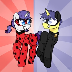Size: 894x894 | Tagged: dead source, safe, artist:ultrard, comet tail, rarity, pony, g4, abstract background, chat noir, colored pupils, cometity, crossover, duo, eye contact, ladybug (miraculous ladybug), looking at each other, miraculous ladybug, ponified, ponytail, raised hoof, raised leg, shipping, smiling
