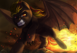 Size: 1579x1102 | Tagged: safe, artist:amishy, oc, oc only, bat pony, pony, fire, gritted teeth, solo, spread wings