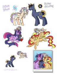 Size: 2800x3623 | Tagged: safe, artist:overlordneon, sunset shimmer, twilight sparkle, oc, oc:dusk eclipse, oc:nova dawn, alicorn, pony, g4, adopted offspring, alicorn oc, alicornified, cute, family, family photo, female, high res, horn, lesbian, magical lesbian spawn, mare, offspring, parent:sunset shimmer, parent:twilight sparkle, parents:sunsetsparkle, race swap, shimmercorn, ship:sunsetsparkle, shipping, twilight sparkle (alicorn), ultimate twilight, wings