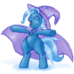 Size: 1024x1024 | Tagged: safe, artist:remyroez, trixie, pony, g4, bipedal, cape, clothes, eyes closed, female, open mouth, simple background, smiling, solo, standing, thick, white background