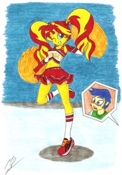 Size: 4849x6948 | Tagged: safe, artist:metaldudepl666, part of a set, comet tail, sunset shimmer, equestria girls, g4, absurd resolution, belly button, blushing, cheerleader, grin, midriff, pigtails, pom pom, ship:cometshimmer, sneakers, traditional art, wink